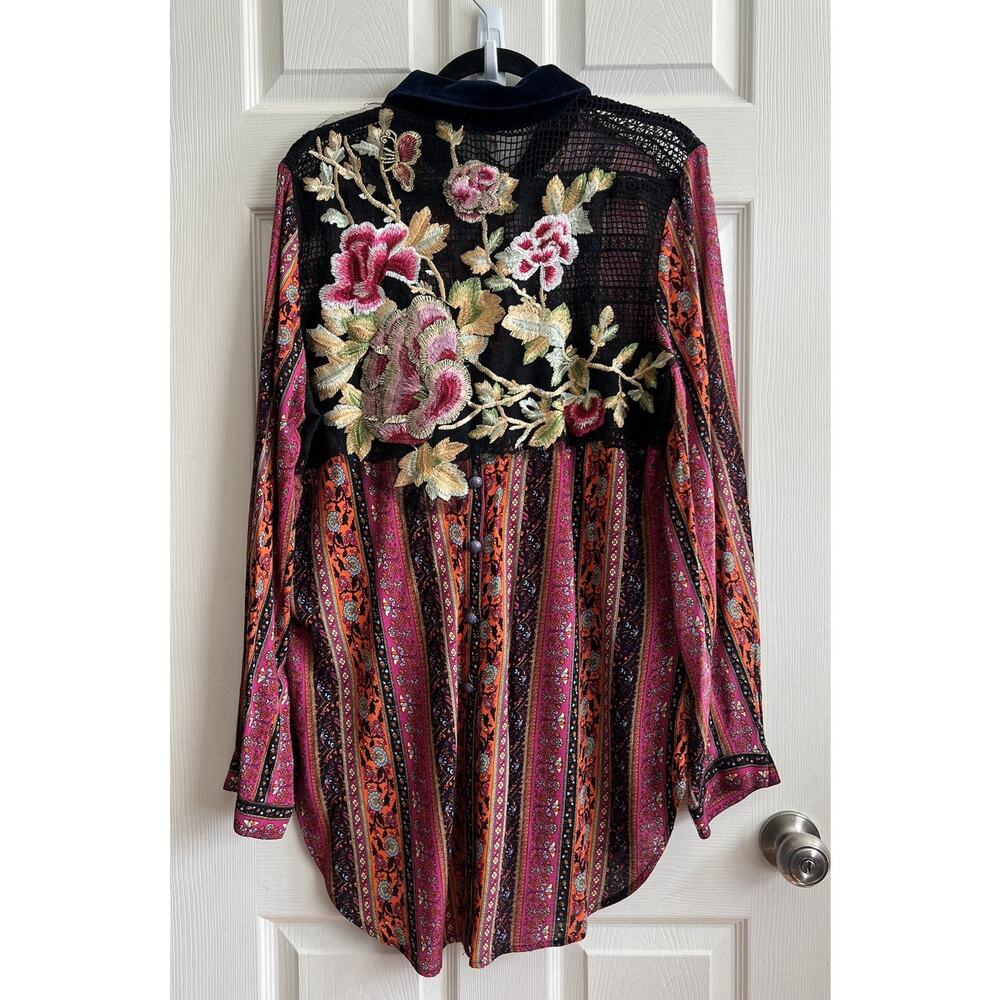 ARATTA SILENT JOURNEY Floral Embroidered Mesh Button Front Long Tunic Top Sz L